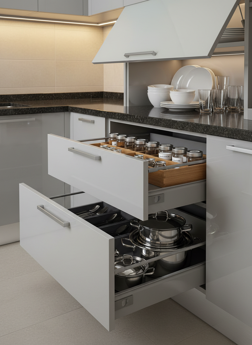 An elegant modular kitchen corner highlighting meticulous storage solutions: tandem drawers fully extended with neatly arranged spice racks, cutlery organizers, and deep pots, all in soft-close metal systems. The cabinets are high-gloss light grey with integrated profile handles and a slim brushed-steel skirting. Above, a frosted glass lift-up shutter is captured mid-open, revealing organized crockery. The countertop is dark granite with fine reflective flecks, and the wall features a simple light-beige tile backsplash. Under-cabinet warm LED lighting creates a focused, inviting glow on the workspace. Photographic realism, captured in a close-up three-quarter angle with shallow depth of field, background softly blurred, emphasizing precision engineering, premium hardware, and functional luxury ideal for a product-detail section.