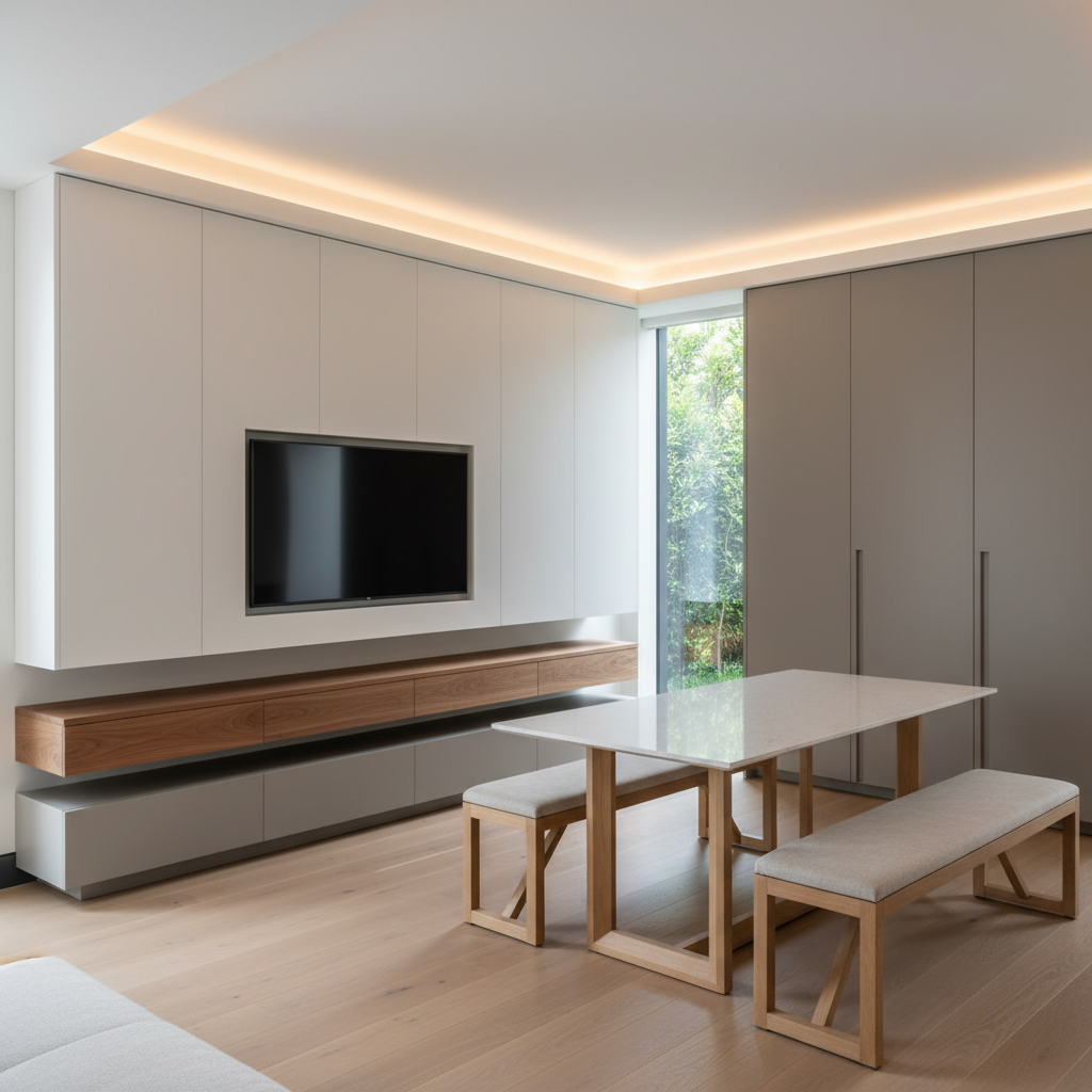 A contemporary living-dining interior designed to complement a premium modular kitchen brand, featuring a built-in TV unit with push-to-open white cabinets, a floating walnut shelf, and a low-profile sideboard. An adjacent dining area shows a minimalist rectangular table with a quartz top and sleek wooden base, surrounded by matching benches with clean lines. The far wall hosts a pair of tall, matte taupe wardrobes integrated flawlessly into a niche, their edges aligning perfectly with ceiling and skirting. Warm cove lighting runs around the false ceiling, blended with soft daylight from a side window, creating a cozy yet upscale atmosphere. Photographic realism, wide-angle shot from a corner, balanced composition, showcasing the harmony of kitchen, wardrobes, and overall interior design.