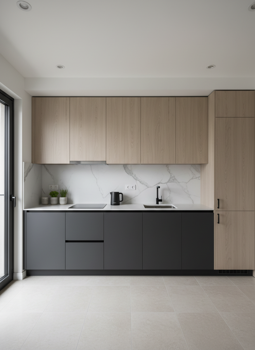 A sleek straight-line modular kitchen in a compact urban Salem home, featuring deep charcoal base cabinets and pale oak upper cabinets with slim black profiles. The backsplash is a single slab of white marble with fine grey veining, extending seamlessly up to the ceiling. A built-in hob, chimney, and stainless steel sink sit precisely aligned along the counter. The setting includes a neatly tiled light-beige floor and a side wall with integrated tall pantry units. Cool daylight from a nearby balcony door mixes with warm recessed ceiling lights, creating a balanced, inviting glow. Photographic realism, captured from a slightly elevated angle, mild wide-angle perspective, emphasizing smart space utilization, premium finishes, and a calm, organized mood.