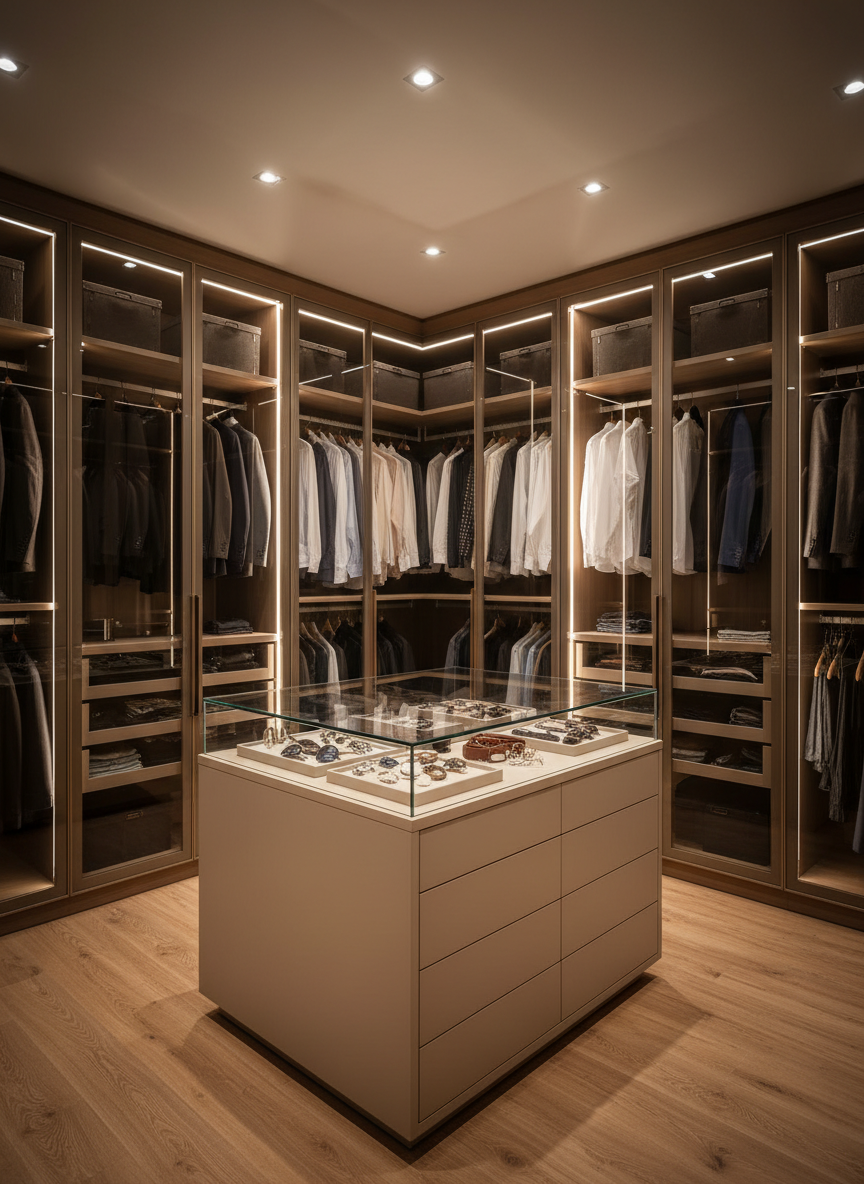 A walk-in style wardrobe room featuring floor-to-ceiling modular wardrobe units in a sophisticated smokey oak laminate with slim bronze handles. Transparent bronze-tinted glass shutters reveal organized shelves, pull-out drawers, and soft-close hanging systems with integrated LED strip lights inside each compartment. The wardrobes line two adjacent walls, with a central freestanding island finished in matte beige and topped with clear glass displaying neatly arranged accessories. The floor is warm wooden laminate, and the ceiling has recessed spotlights creating soft pools of light. Photographic realism, shot from an eye-level corner angle to showcase depth and layout, with sharp focus and a gentle vignette, evoking a premium, aspirational, yet practical wardrobe solution.