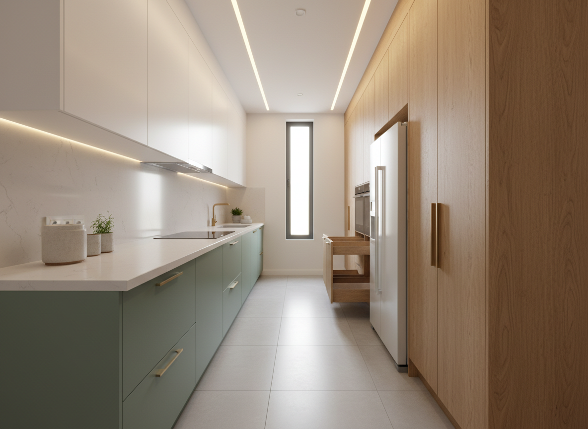 A stylish parallel modular kitchen with one side dedicated to cooking and the other to storage and preparation, in a modern Salem villa. One wall features matte sage-green base cabinets and white upper cabinets with slim gold-toned handles, topped with off-white quartz. The opposite wall includes a full-height bank of tall units in warm oak, housing integrated refrigerator and pull-out larder systems. The floor is large-format light-grey tiles with a slight sheen, reflecting subtle highlights. Natural morning light streams through a tall window at the end of the corridor-like space, enhanced by linear warm LED ceiling lights. Photographic realism, shot from the entrance with a strong sense of depth and leading lines, balanced composition, projecting a fresh, airy, and high-end atmosphere.