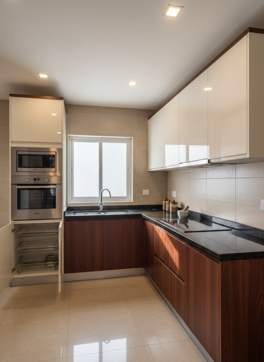 A U-shaped modular kitchen tailored for an Indian household in Salem, with high-gloss ivory cabinets, contrasting deep mahogany lower units, and a robust black granite countertop designed for heavy daily use. A dedicated tall unit houses an in-built oven and microwave stacked precisely, while another tall cabinet conceals a pantry with pull-out wire baskets. The backsplash is clad in large-format beige tiles with a subtle texture, easy to clean. A stainless steel double sink sits below a window with diffused afternoon light streaming in, casting soft highlights on the glossy surfaces. Ceiling-mounted warm white spotlights provide even task lighting. Photographic realism, eye-level composition, medium-wide frame, capturing a balanced, functional yet premium workspace suited for a service detail page.