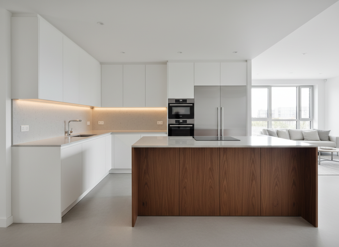 A luxurious L-shaped modular kitchen with matte white handleless cabinets and a contrasting walnut wood island, all with precise, crisp edges and seamless joints. The counters are pale grey quartz with a subtle speckle, perfectly polished and reflective. Built-in appliances sit flush within tall units, and a glass hob rests on the island. The kitchen is set in a spacious open-plan Salem apartment, with a large window revealing soft, diffused daylight that creates gentle reflections on the cabinet surfaces. Under-cabinet warm LED strips wash the backsplash in a golden glow. Photographic realism, shot at eye level with a wide-angle lens, sharp focus throughout, rule-of-thirds composition, conveying a premium, clean, and contemporary atmosphere ideal for a hero homepage image.