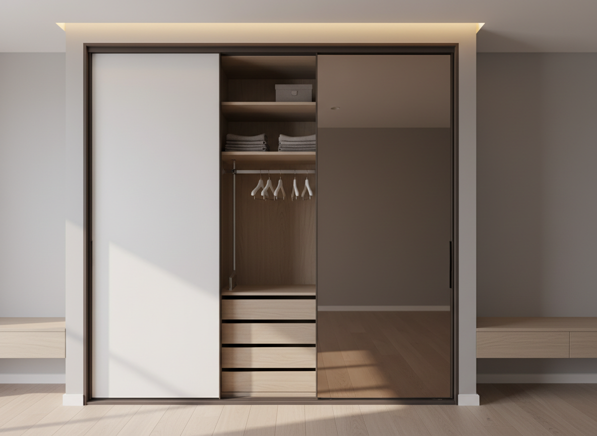A compact sliding-door wardrobe solution designed for a modern bedroom, featuring two large doors—one in matte white laminate and the other in a bronze-tinted mirror finish with flawless reflection. The wardrobe frame is a slim, dark espresso border set flush against a smooth light-grey accent wall. Inside, visible through a slightly open door, are neatly aligned shelves, a pull-down hanging rod, and a built-in drawer unit in light oak. The floor is soft beige wooden laminate, and a low console runs alongside the wardrobe, echoing the same wood finish. Soft, diffused warm ambient light from a concealed cove at the ceiling casts gentle shadows that emphasize the geometry. Photographic realism, shot from a straight-on angle with sharp focus, conveying space efficiency and understated luxury.